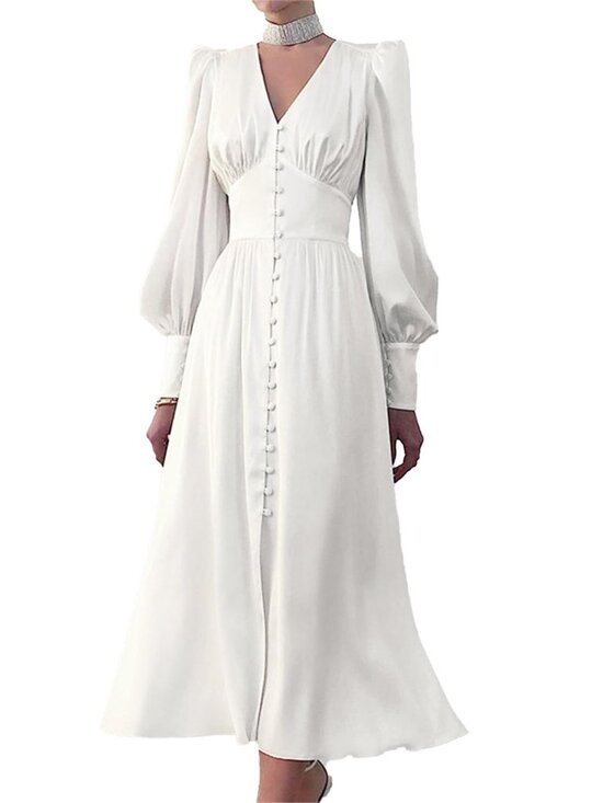 Dresses & Skirts - 🆕 Women's V Neck Puff Sleeve Satin Maxi Dress Long Lantern Sleeve Button Down